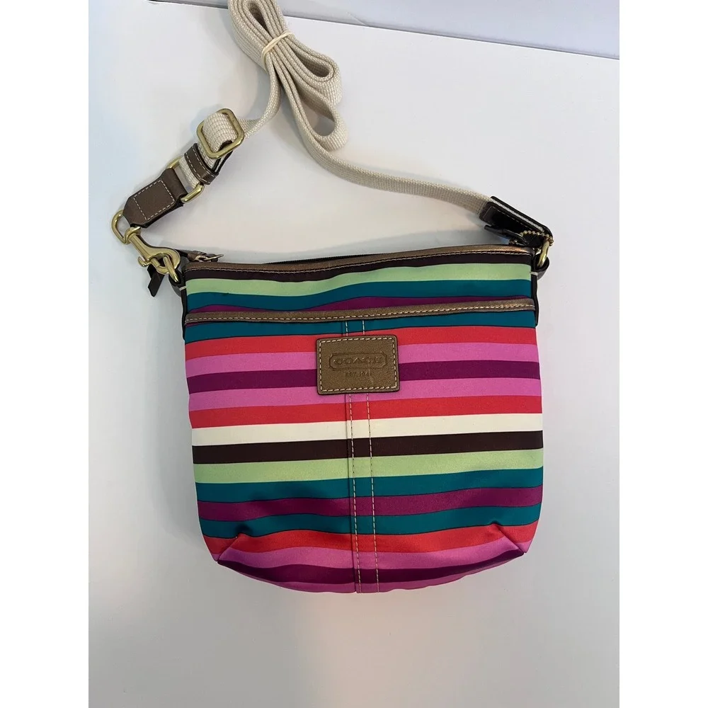 Coach Multi Color Striped Satin Crossbody Bag Bronze Leather Trim 1941 Brass